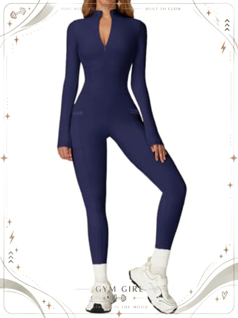 Womens One Piece Workout Jumpsuit Zip Long Sleeve Pockets Slimming